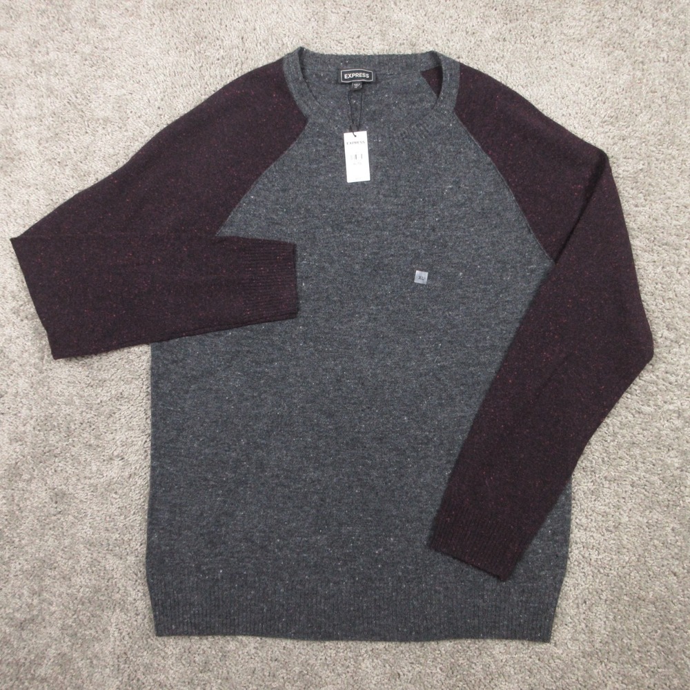 Express Sweater Mens XL Gray Red Raglan Merino‎ Wool Crew Neck Pullover Knit